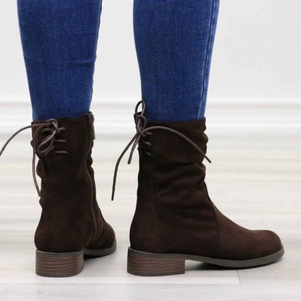 Brown Round Toe Suede Ankle Booties With Lace Back - Picture 13 of 15